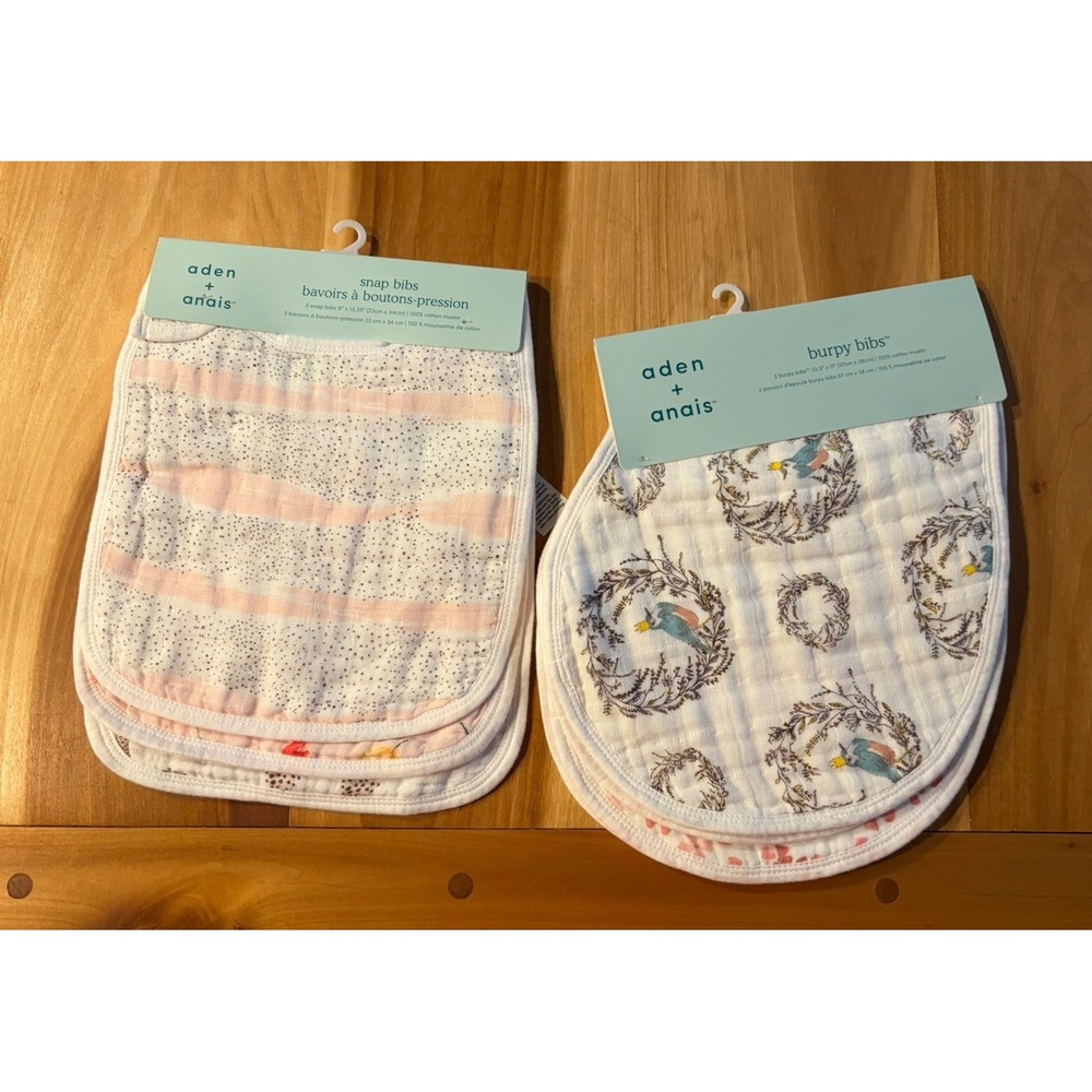 Aden + Anais Flowers Birds Print NEW Classic Muslin Snap Bibs & Burb Cloths NIP